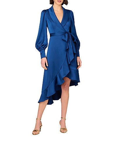 Aidan Mattox V-Neck Bishop Sleeve Asymmetrical Ruffle Hem Wrap Dress