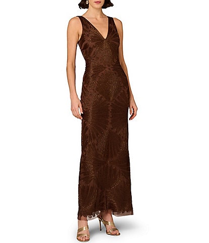 Aidan Mattox Vneck Sleeveless Beaded Mesh Drape Back Column Gown