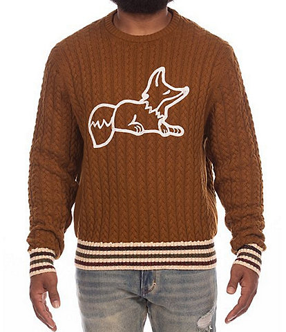 AKOO Snobby Embroidered Cable Knit Crew Neck Sweater