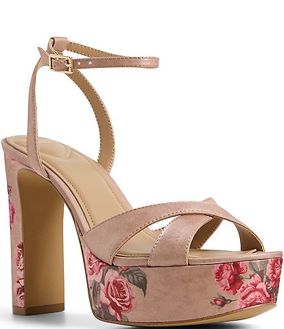 ALDO Rosine Satin Rose Print Block Heel Platform Dress Sandals