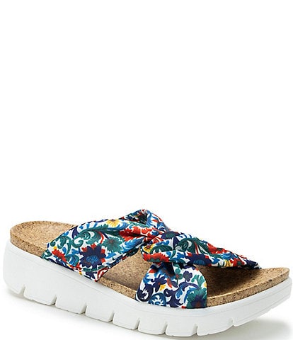 Alegria Rylie Floral Print Satin Knotted Platform Slide Sandals