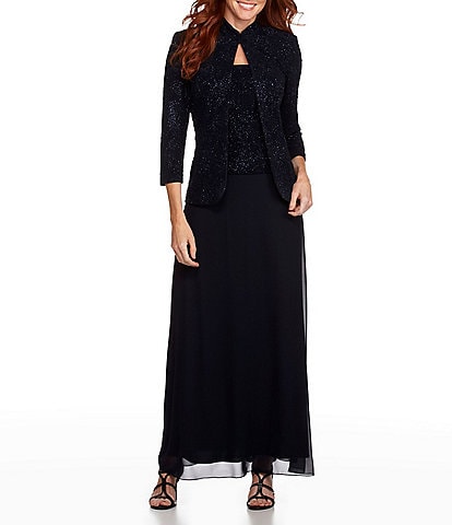 Alex Evenings Glitter Embellished 3/4 Sleeve Square Neck Jacquard 2-Piece Jacket Gown