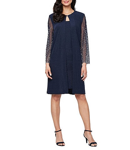 Alex Evenings 3/4 Beaded Sleeve Metallic Knit Jacket Dress