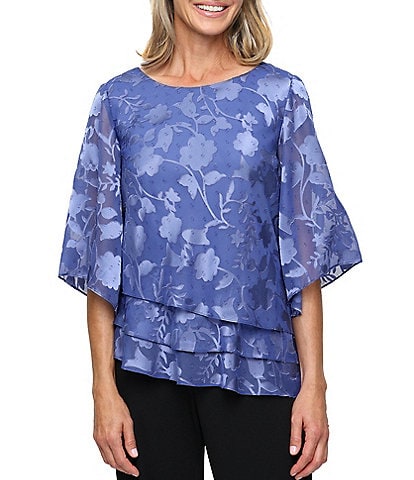 Alex Evenings 3/4 Illusion Sleeve Crew Neck Asymmetrical Triple Tier Hem Printed Chiffon Blouse