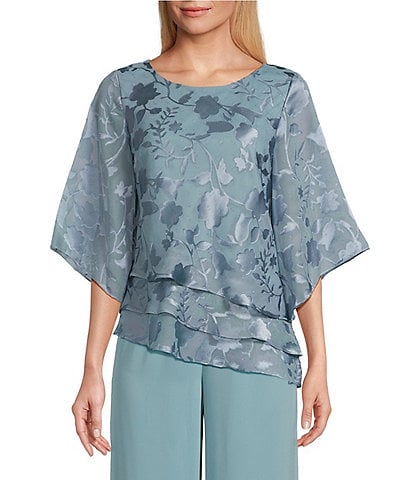 Alex Evenings 3/4 Illusion Sleeve Crew Neck Asymmetrical Triple Tier Hem Printed Chiffon Blouse