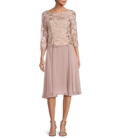 Alex Evenings 3/4 Illusion Sleeve Scoop Neck Embroidered Lace Sheath Dress