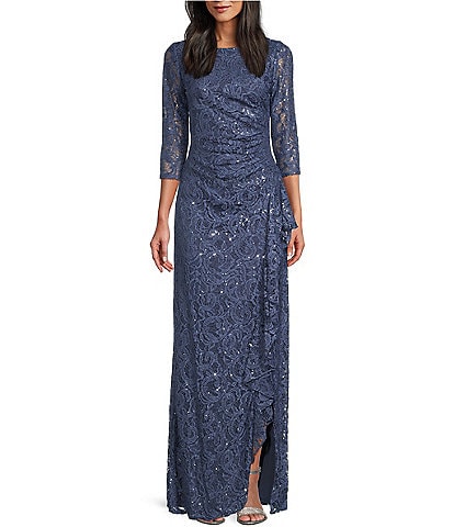 Alex Evenings 3/4 Sleeve Boat Neck Front Cascade Ruffle Sequin Lace Gown