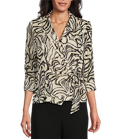 Alex Evenings 3/4 Sleeve Collared Neck Tie Waist Printed Blouse