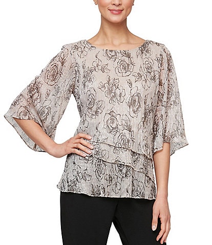 Alex Evenings 3/4 Sleeve Crew Neck Asymmetrical Tiered Hem Printed Blouse