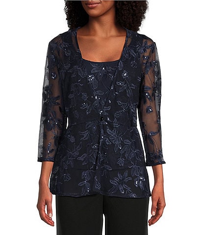 Alex Evenings 3/4 Sleeve Sequin Floral Embroidered Scoop Neck 2-Piece Twinset