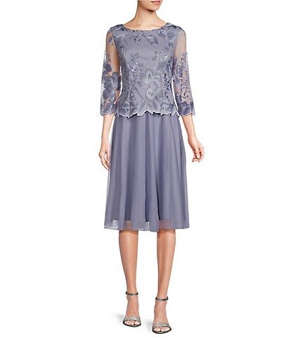 Alex Evenings 3/4 Sleeve Round Neck Floral Embroidered Stretch Mesh Midi Dress