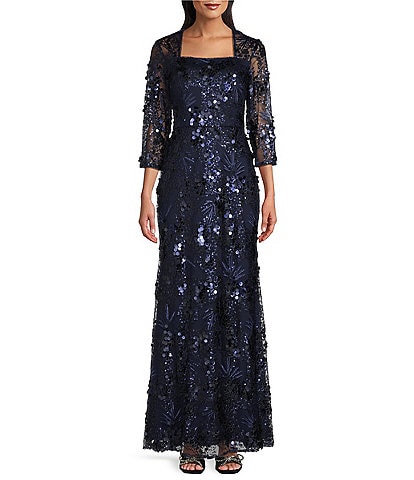 Alex Evenings 3/4 Sleeve Square Neck Sequin Gown