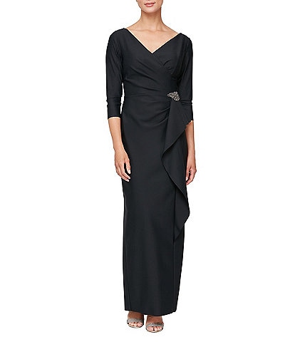 Alex Evenings Contour 3/4 Sleeve Surplice V-Neck Cascade Ruffle Skirt Gown