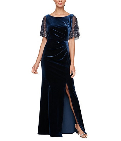 Alex Evenings Boat Neck Illusion Flutter Sleeve Front Slit Stretch Velvet Fit And Flare Dress