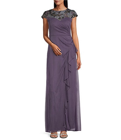 Alex Evenings Cap Sleeve Embroidered Sweetheart Illusion Neck Cascade Ruffle Gown