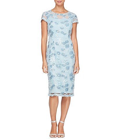 Alex Evenings Cap Sleeve Illusion Scoop Neck Floral Embroidered Lace Sheath Dress