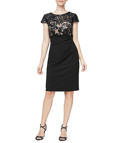 Alex Evenings Cap Sleeve Scoop Neck Sequin Embroidered Sheath Dress