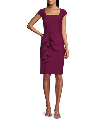 Alex Evenings Cap Sleeve Square Neck Front Cascade Ruffle Dress