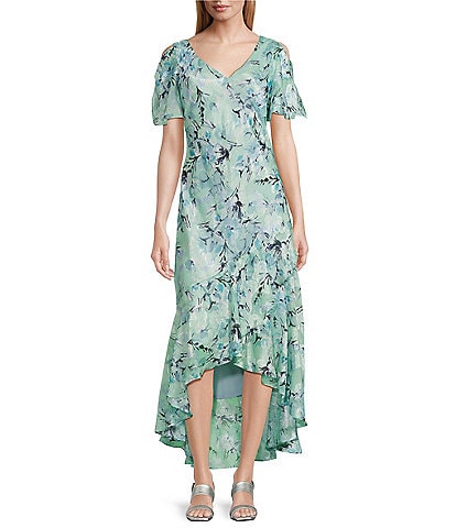 Alex Evenings Chiffon V-Neck Short Sleeve Tulip Overlay High-Low Hem Fit and Flare Dress