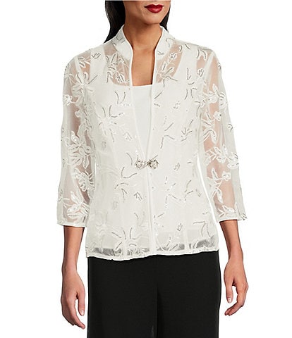 Alex Evenings ChiffonEmbroidered Sequin Square Neck Twinset