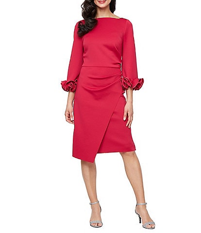 Alex Evenings Crepe Boat Neck 3/4 Ruffled Sleeve Sheath Dress