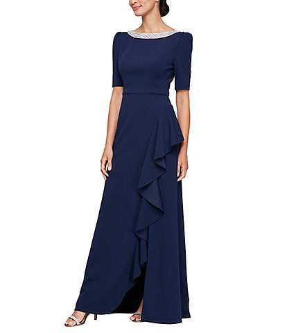 Alex Evenings Crepe Embellished Boat Neck 3/4 Sleeve Ruffle Cascade A-Line Gown