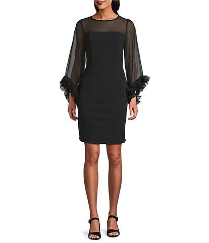 Alex Evenings Crepe Illusion Boat Neck 3/4 Ruffle Sleeve Sheath Dress