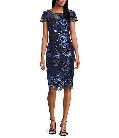 Alex Evenings Embroidered Cap Sleeve Crew Neck Sheath Dress