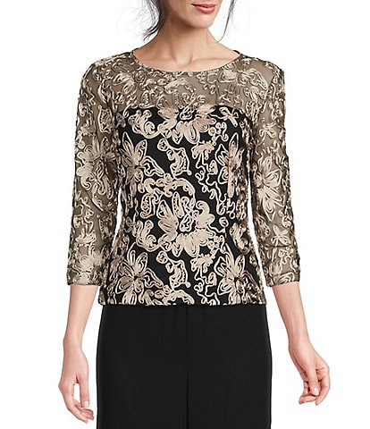 Alex Evenings Illusion Crew Neck 3/4 Sleeve Embroidered Floral Lace Top