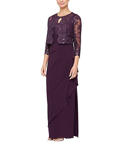 Alex Evenings Embroidered Floral Lace 2-Piece Scoop Neck 3/4 Sleeve Slit 2-Piece Jacket Dress