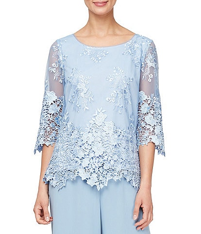 Alex Evenings Embroidered Stretch Tulle Scoop Neck 3/4 Sleeve Scallop Hem Blouse