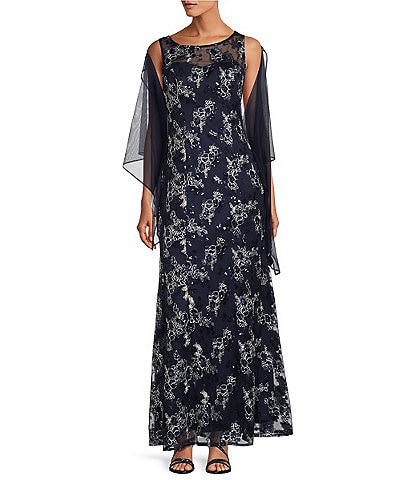 Alex Evenings Embroidered Stretch Tulle Sleeveless Scoop Neck Gown and Shawl