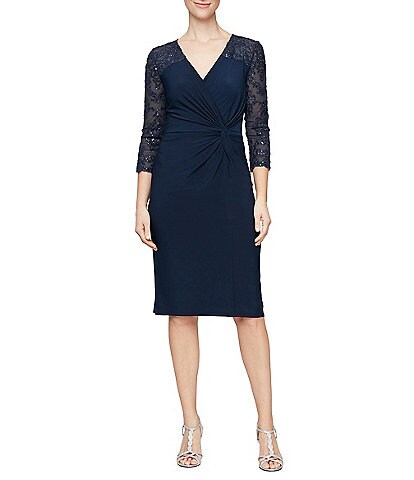 Alex Evenings Embroidery V-Neck Twist Front 3/4 Sequin Sheer Sleeve Stretch Tulle Sheath Dress