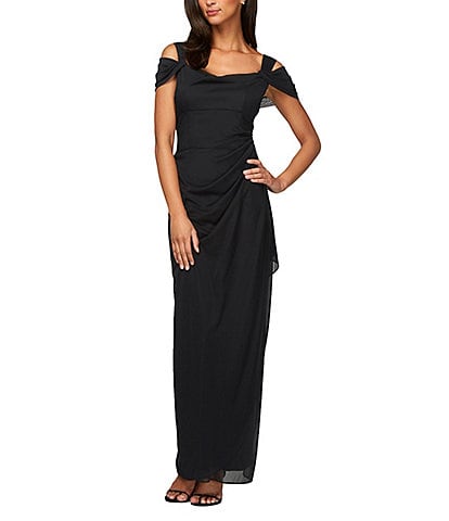 Alex Evenings Exposed Shoulder Draped Neck Cap Sleeve Ruched Waterfall Hem Mesh Gown