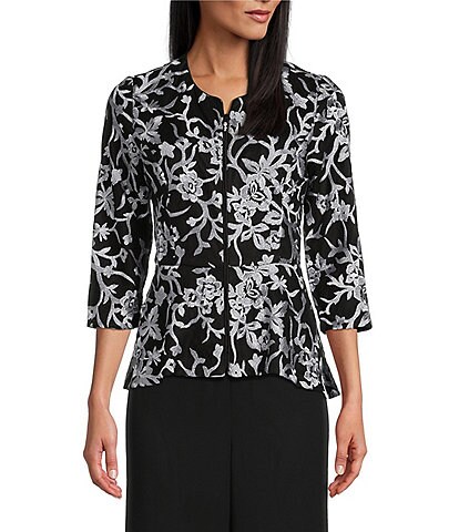 Alex Evenings Floral Embroidered Stretch Tulle 3/4 Sleeve Crew Neck Zip Front Peplum Statement Jacket