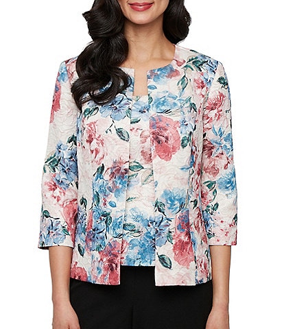 Alex Evenings Floral Printed Chiffon Jacquard Sheath Twinset