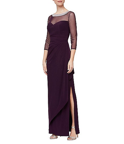 Alex Evenings Illusion Mesh 3/4 Sleeve Round Neck Side Slit Ruched Gown