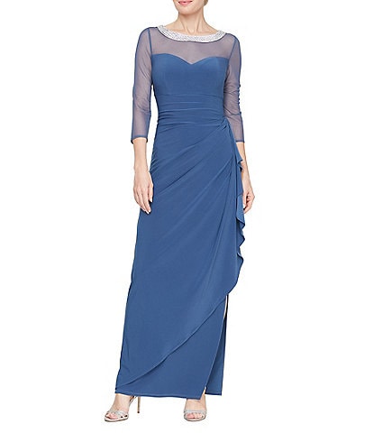 Alex Evenings Illusion Mesh 3/4 Sleeve Round Neck Side Slit Ruched Gown