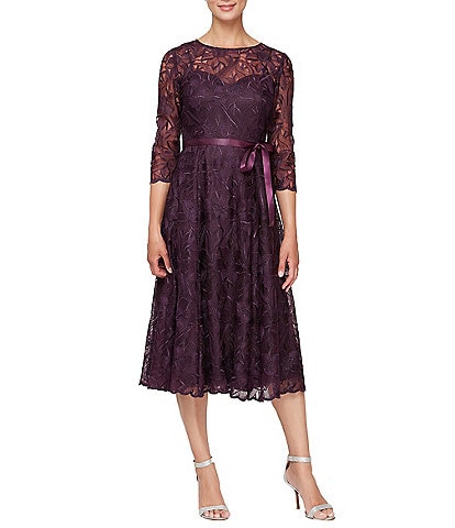 Alex Evenings Illusion Round Neck Ribbon Tie 3/4 Sleeve Embroidered Floral Lace Midi Dress
