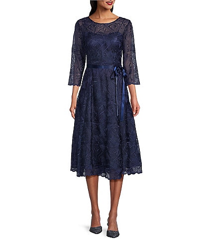 Alex Evenings Illusion Round Neck Ribbon Tie 3/4 Sleeve Embroidered Floral Lace Midi Dress