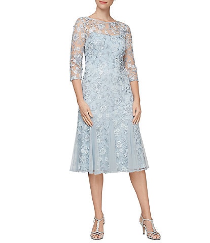 Alex Evenings Illusion Boat Neck 3/4 Sheer Sleeve Floral Embroidered Godet A-Line Midi Dress