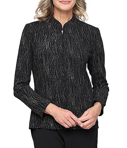 Alex Evenings Jacquard Knit Zip Front 3/4 Sleeve Jacket