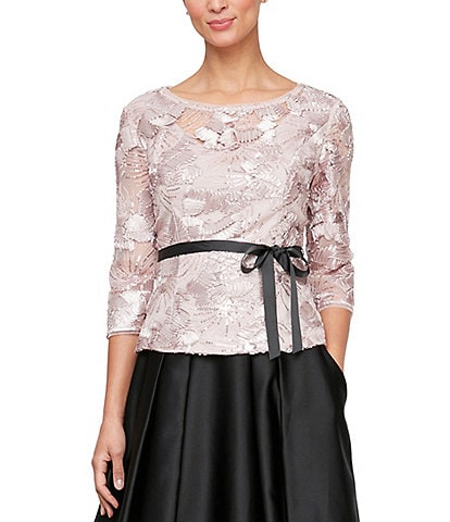 Alex Evenings Lace Embroidered Scoop Neck 3/4 Sleeves Belted Soutache Blouse