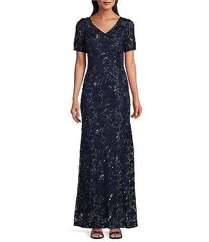 Alex Evenings Lace Embroidered V-Neck Illusion Elbow Length Sleeve Sheath Dress