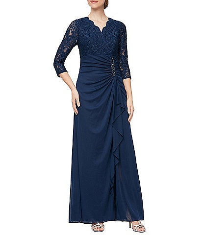 Alex Evenings Lace Mesh Surplice V-Neck 3/4 Illusion Sleeves A-Line Dress