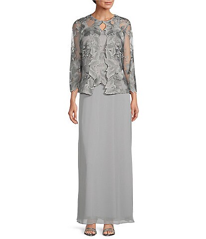 Alex Evenings Embroidered Lace Round Neck 3/4 Sleeve 2-Piece Jacket Dress