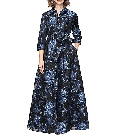 Alex Evenings Long Jacquard Button Front Tie Waist Gown