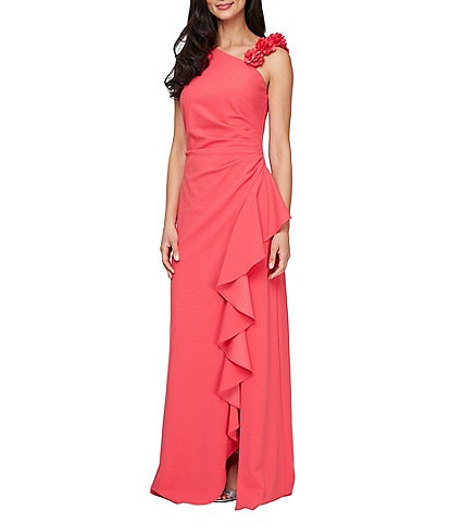 Alex Evenings Long Stretch Crepe Flower Strap Dress