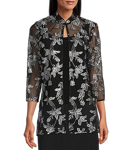 Alex Evenings Mock Neck 3/4 Sleeve Floral Embroidered Twinset