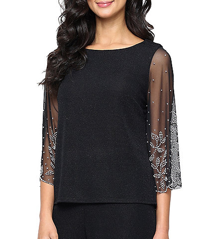 Alex Evenings Metallic Knit Boat Neck 3/4 Heat Set Sleeve Blouse